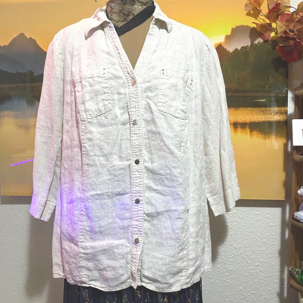 JM Collection Coastal Euro-Summer 100% Linen Blouse Shirt Women 16 3/4 Sleeve